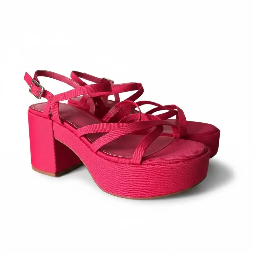 ASOS Design Hoxton Chunky Mid Platform Sandals Pink Fuchsia Grosgrain Ribbon 8